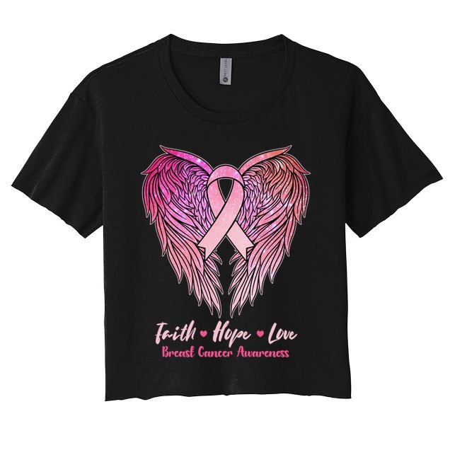 Faith Hope Love Breast Cancer Awareness Winged Pink Ribbon Crop Top