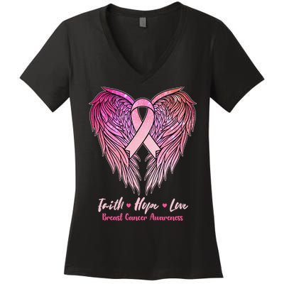 Faith Hope Love Breast Cancer Awareness Winged Pink Ribbon Women's V-Neck T-Shirt