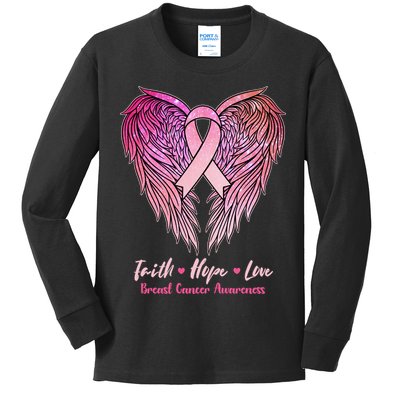 Faith Hope Love Breast Cancer Awareness Winged Pink Ribbon Kids Long Sleeve Shirt