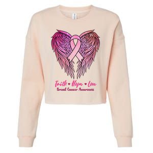 Faith Hope Love Breast Cancer Awareness Winged Pink Ribbon Cropped Pullover Crew