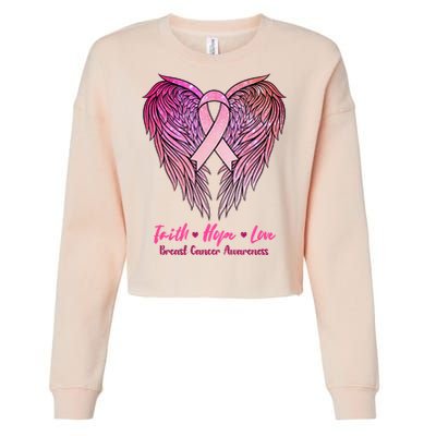 Faith Hope Love Breast Cancer Awareness Winged Pink Ribbon Cropped Pullover Crew