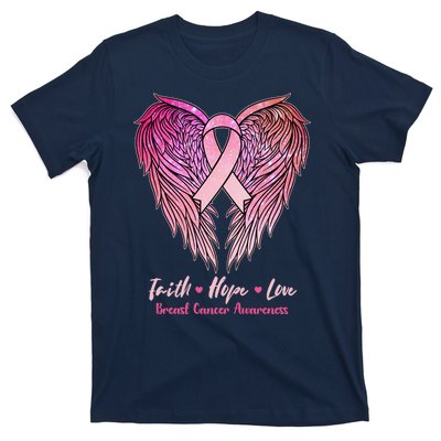 Faith Hope Love Breast Cancer Awareness Winged Pink Ribbon T-Shirt