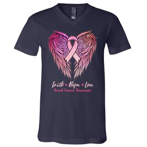 Faith Hope Love Breast Cancer Awareness Winged Pink Ribbon V-Neck T-Shirt