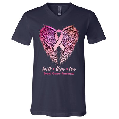 Faith Hope Love Breast Cancer Awareness Winged Pink Ribbon V-Neck T-Shirt