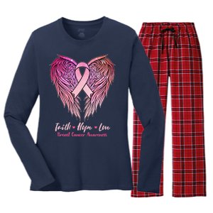 Faith Hope Love Breast Cancer Awareness Winged Pink Ribbon Women's Long Sleeve Flannel Pajama Set 