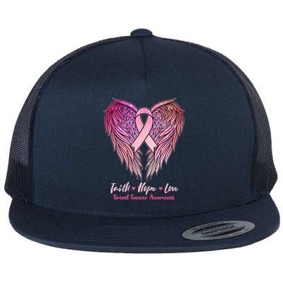 Faith Hope Love Breast Cancer Awareness Winged Pink Ribbon Flat Bill Trucker Hat