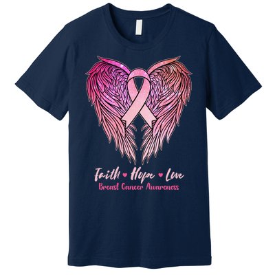 Faith Hope Love Breast Cancer Awareness Winged Pink Ribbon Premium T-Shirt