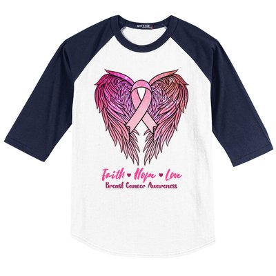 Faith Hope Love Breast Cancer Awareness Winged Pink Ribbon Baseball Sleeve Shirt