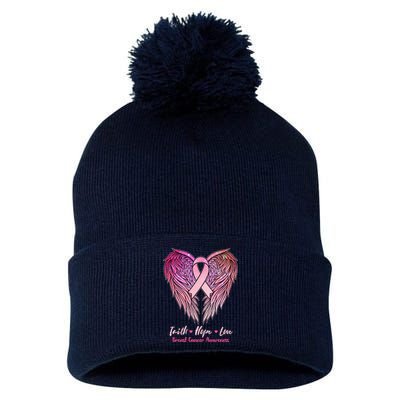 Faith Hope Love Breast Cancer Awareness Winged Pink Ribbon Pom Pom 12in Knit Beanie