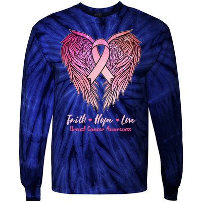 Faith Hope Love Breast Cancer Awareness Winged Pink Ribbon Tie-Dye Long Sleeve Shirt