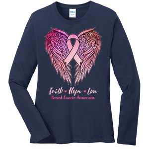 Faith Hope Love Breast Cancer Awareness Winged Pink Ribbon Ladies Long Sleeve Shirt