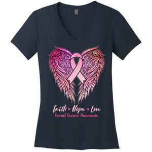 Faith Hope Love Breast Cancer Awareness Winged Pink Ribbon Women's V-Neck T-Shirt