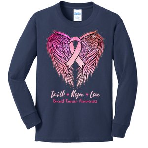 Faith Hope Love Breast Cancer Awareness Winged Pink Ribbon Kids Long Sleeve Shirt