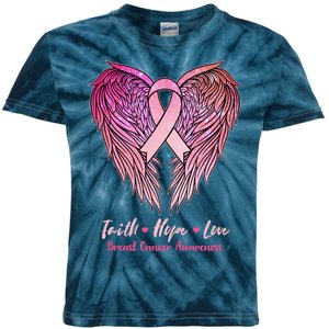 Faith Hope Love Breast Cancer Awareness Winged Pink Ribbon Kids Tie-Dye T-Shirt