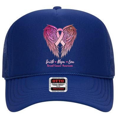 Faith Hope Love Breast Cancer Awareness Winged Pink Ribbon High Crown Mesh Back Trucker Hat