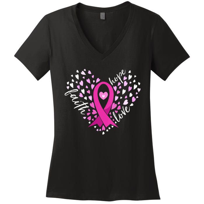 Faith Hope Love Breast Cancer Awareness Pink Ribbon Warrior Women's V-Neck T-Shirt