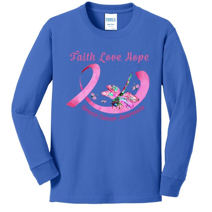 Faith Hope Love Dragonfly Pink Ribbon Breast Cancer Gift Cute Gift Kids Long Sleeve Shirt