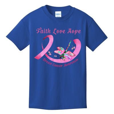 Faith Hope Love Dragonfly Pink Ribbon Breast Cancer Gift Cute Gift Kids T-Shirt