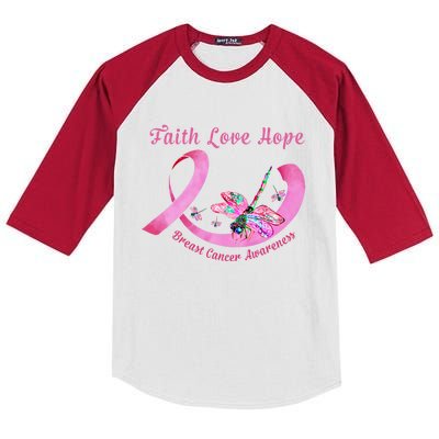 Faith Hope Love Dragonfly Pink Ribbon Breast Cancer Gift Cute Gift Kids Colorblock Raglan Jersey