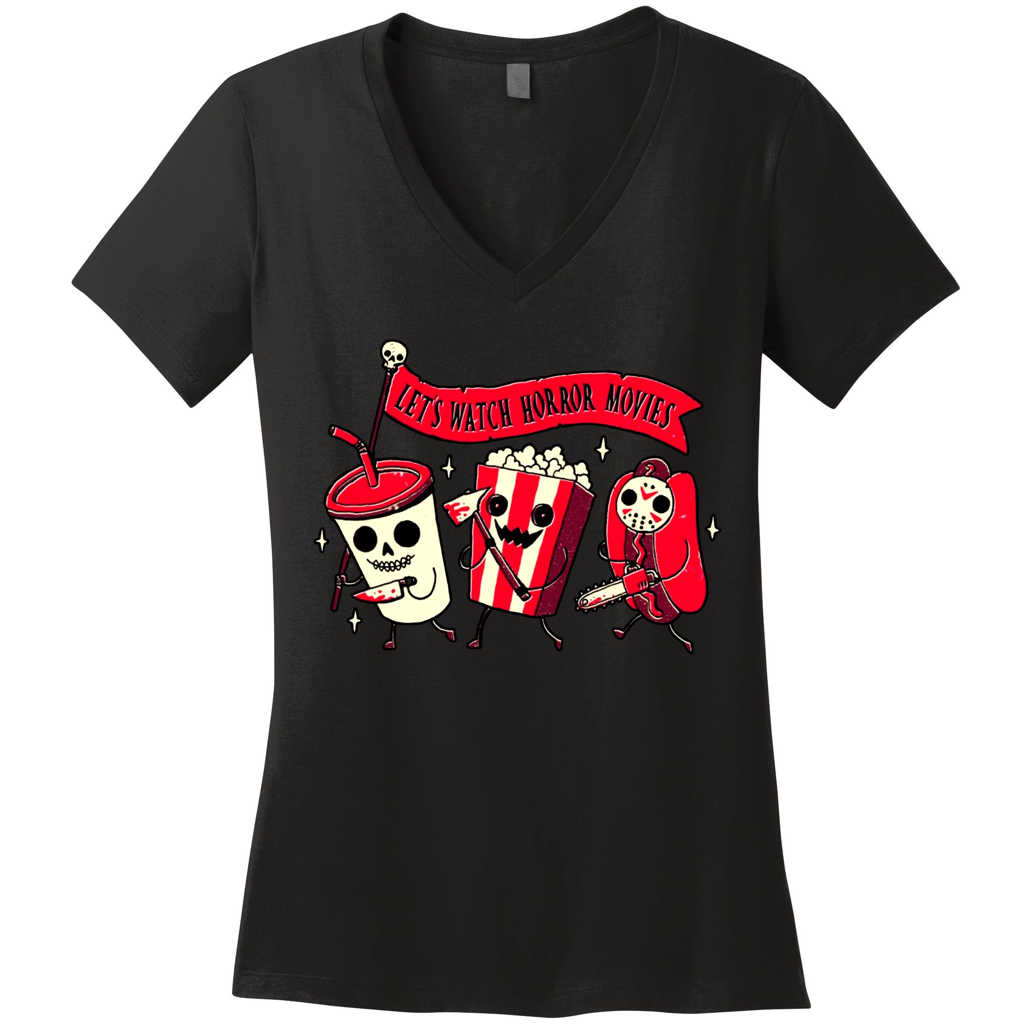 Funny Halloween Let's Watch Horror Movies Theater Food Women's V-Neck T-Shirt