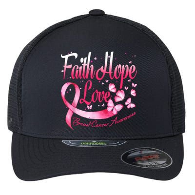 Faith Hope Love Breast Cancer Awareness Butterfly Flexfit Unipanel Trucker Cap