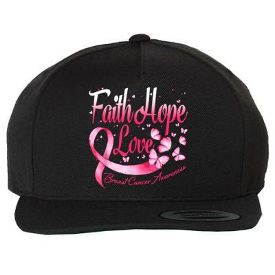 Faith Hope Love Breast Cancer Awareness Butterfly Wool Snapback Cap