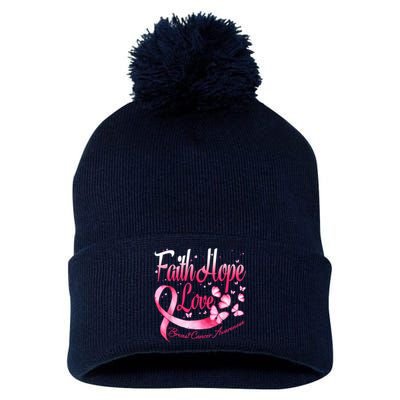 Faith Hope Love Breast Cancer Awareness Butterfly Pom Pom 12in Knit Beanie