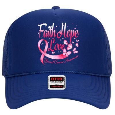 Faith Hope Love Breast Cancer Awareness Butterfly High Crown Mesh Back Trucker Hat