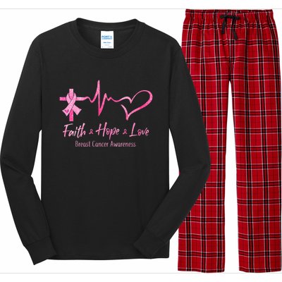 Faith Hope Love Breast Cancer Awareness Ribbon Heartbeat Long Sleeve Pajama Set