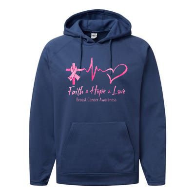 Faith Hope Love Breast Cancer Awareness Ribbon Heartbeat Performance Fleece Hoodie