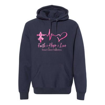 Faith Hope Love Breast Cancer Awareness Ribbon Heartbeat Premium Hoodie