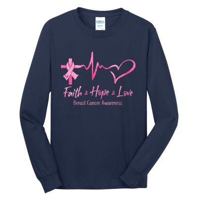 Faith Hope Love Breast Cancer Awareness Ribbon Heartbeat Tall Long Sleeve T-Shirt