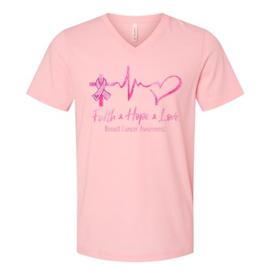 Faith Hope Love Breast Cancer Awareness Ribbon Heartbeat V-Neck T-Shirt