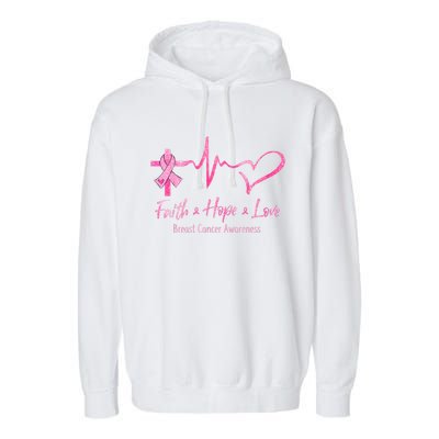 Faith Hope Love Breast Cancer Awareness Ribbon Heartbeat Garment-Dyed Fleece Hoodie