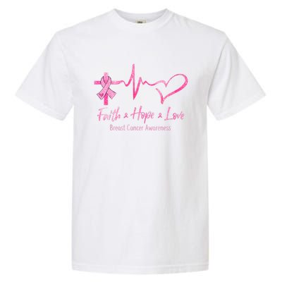 Faith Hope Love Breast Cancer Awareness Ribbon Heartbeat Garment-Dyed Heavyweight T-Shirt