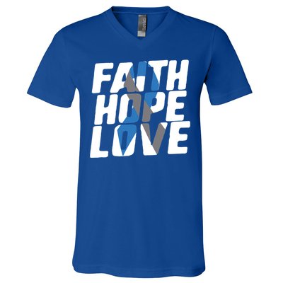 Faith Hope Love Diabetes Awareness Blue Ribbon Cool Gift V-Neck T-Shirt