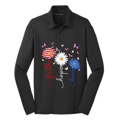 Faith Hope Love Butterfly Daisy 4th Of July Christian Women Silk Touch Performance Long Sleeve Polo