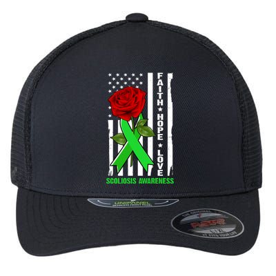 Faith Hope Love Scoliosis Awareness USA Rose Flag Flexfit Unipanel Trucker Cap