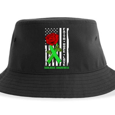 Faith Hope Love Scoliosis Awareness USA Rose Flag Sustainable Bucket Hat