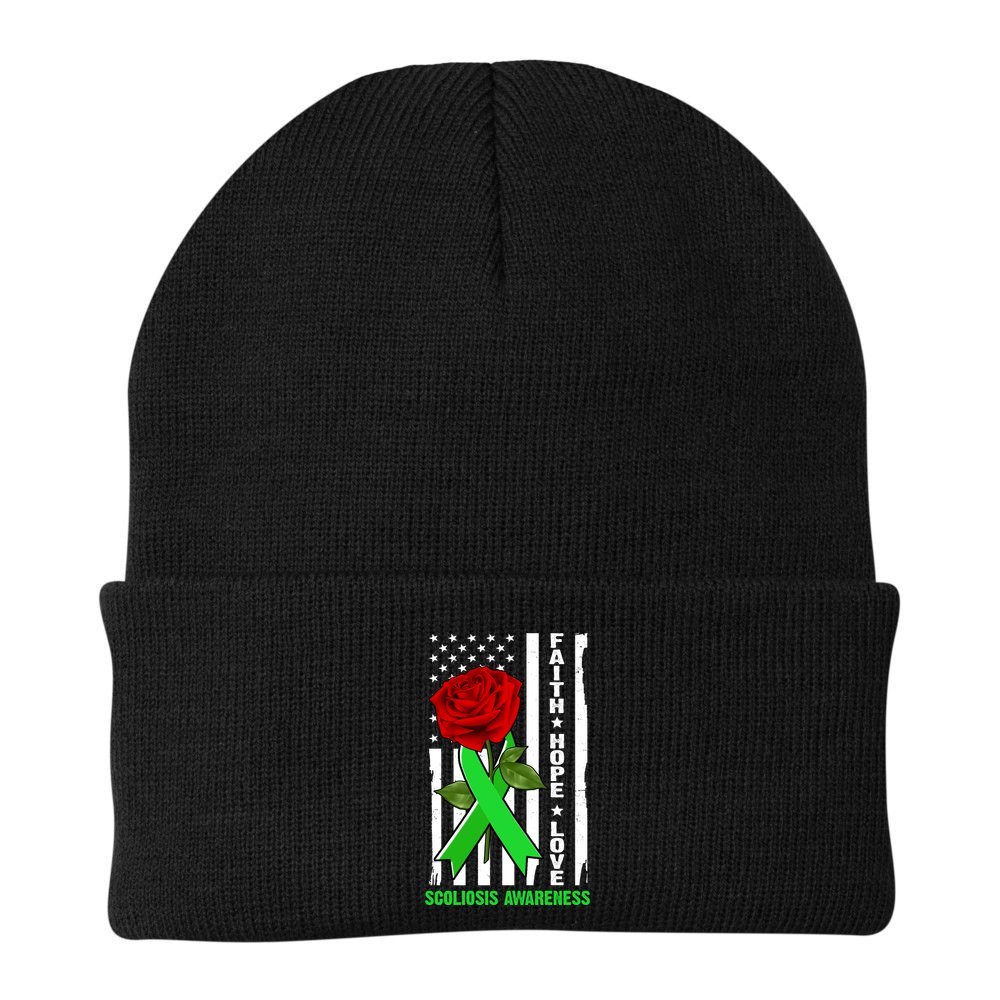 Faith Hope Love Scoliosis Awareness USA Rose Flag Beanie