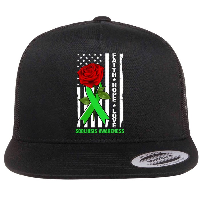 Faith Hope Love Scoliosis Awareness USA Rose Flag Flat Bill Trucker Hat