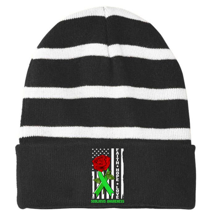 Faith Hope Love Scoliosis Awareness USA Rose Flag Striped Beanie with Solid Band