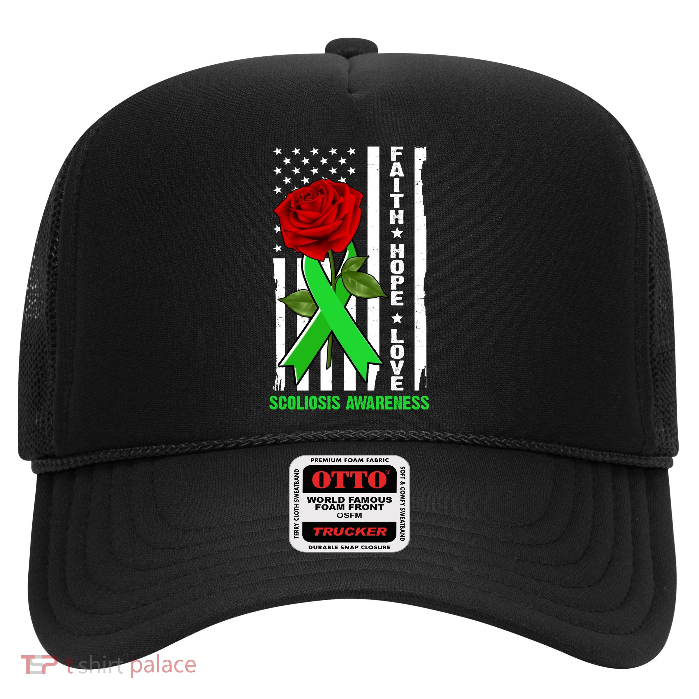 Faith Hope Love Scoliosis Awareness USA Rose Flag Trucker Hat