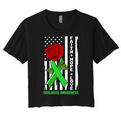 Faith Hope Love Scoliosis Awareness USA Rose Flag Women's Crop Top Tee