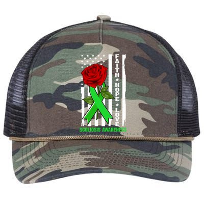 Faith Hope Love Scoliosis Awareness USA Rose Flag Retro Rope Trucker Hat Cap