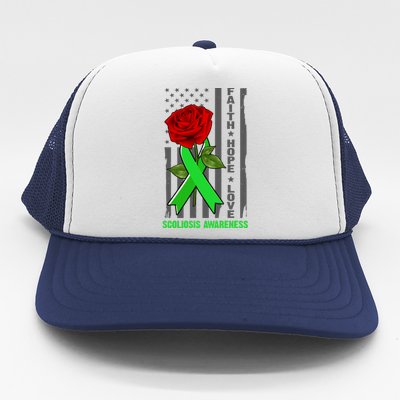 Faith Hope Love Scoliosis Awareness USA Rose Flag Trucker Hat