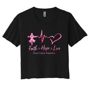 Faith Hope Love Breast Cancer Awareness Ribbon Heartbeat Women's Crop Top Tee