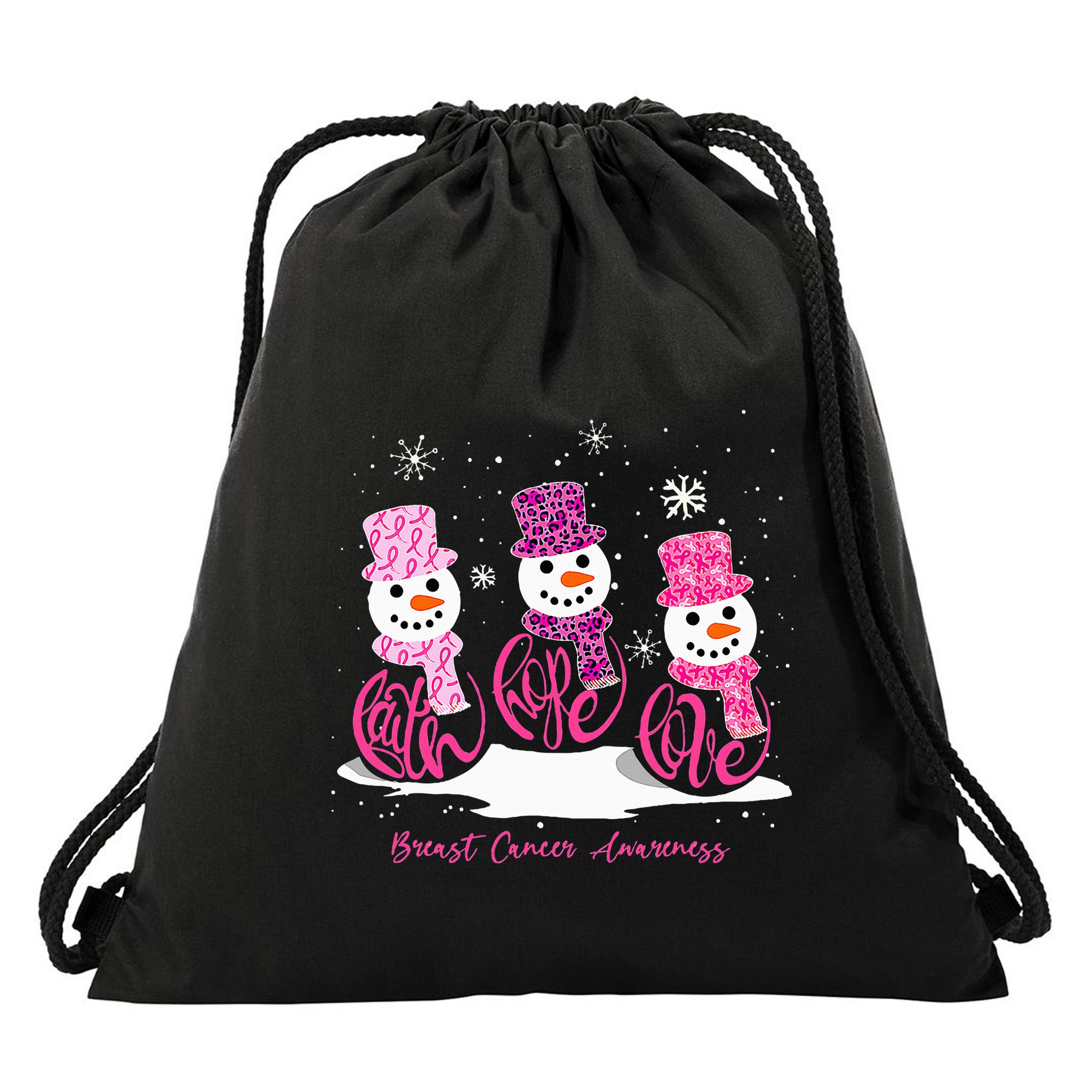 Faith Hope Love Breast Cancer Awareness Christmas Snowman Drawstring Bag