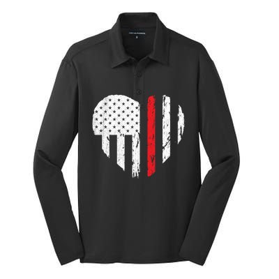 Firefighter Heart Love Distressed Usa Flag Wife Friend Gift Silk Touch Performance Long Sleeve Polo