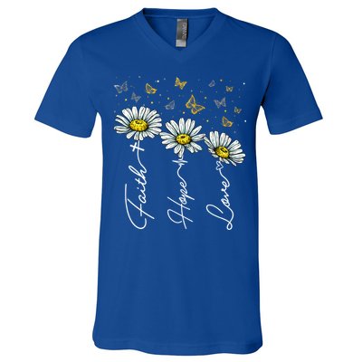 Faith Hope Love Daisy Butterfly Jesus Christian Clothing Cool Gift V-Neck T-Shirt